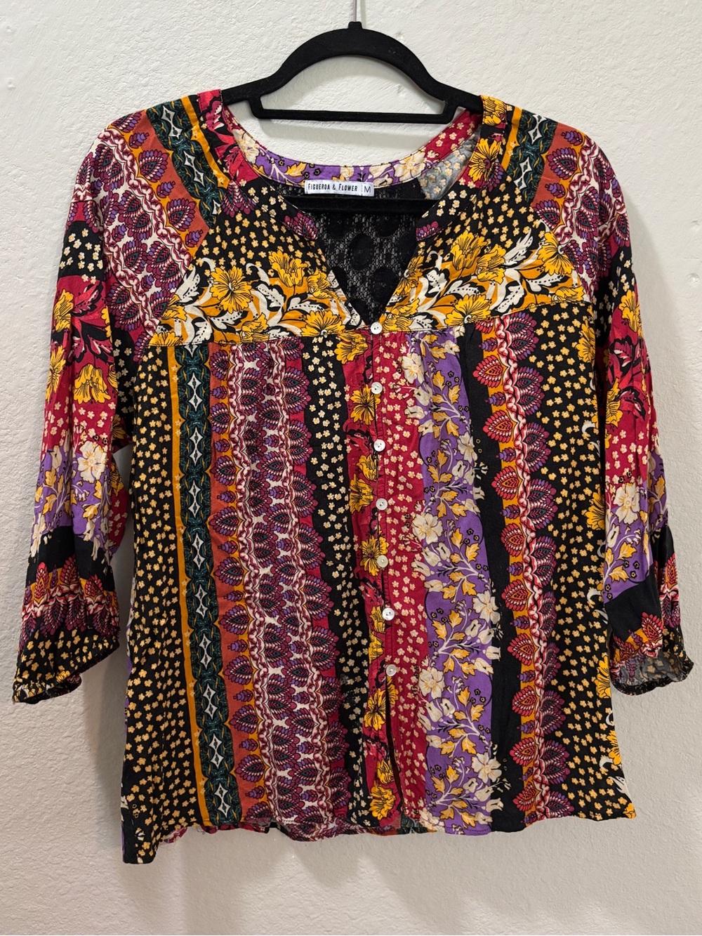 Figueroa & Flower Boho Patchwork Mixed Print Lace Detail Blouse Size Medium